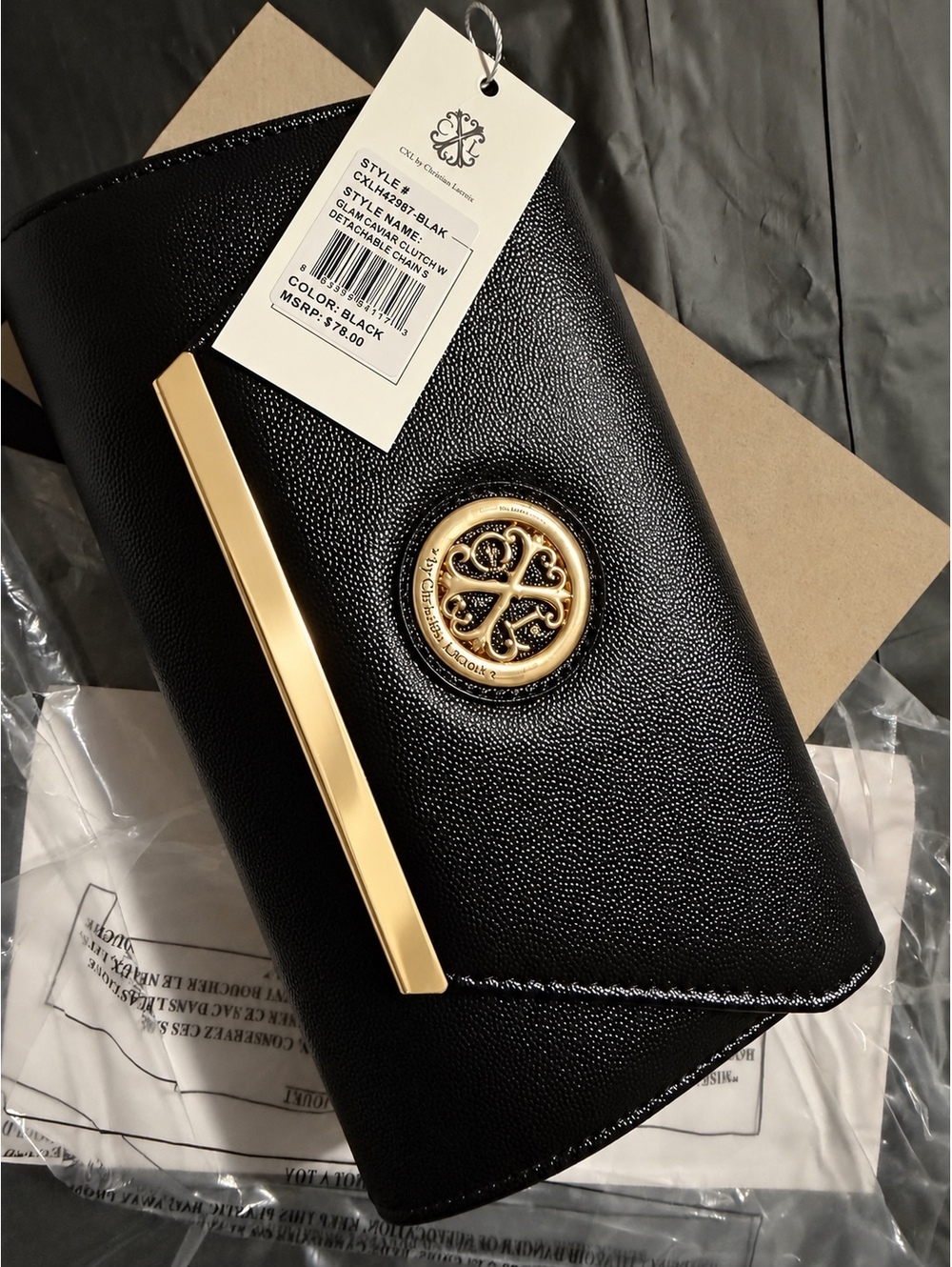 Christian Lacroix Black Leather Clutch with Gold Accent
